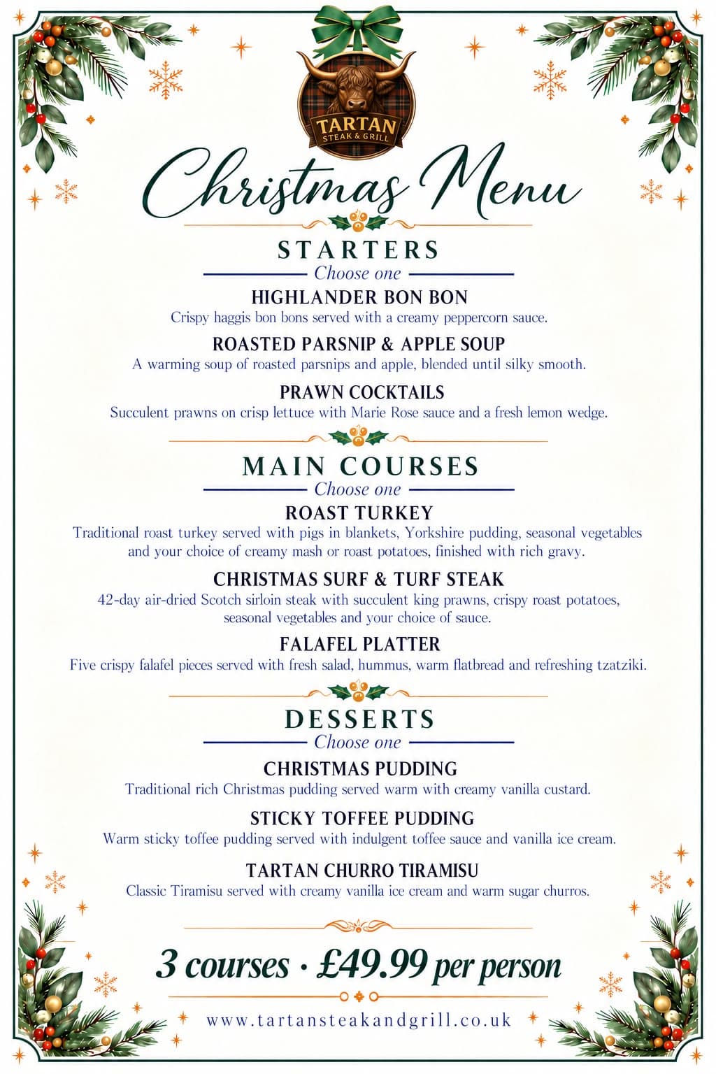 Tartan Steak & Grill Christmas menu